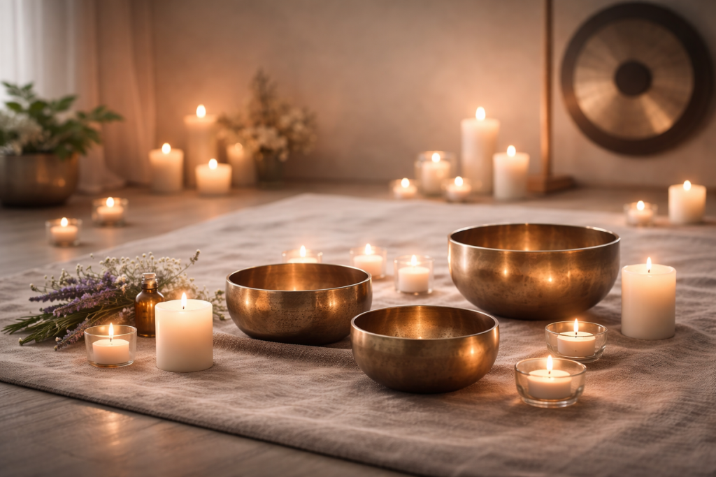 Himalayan singing bowls set up for a Sound Bath in Exeter with candlelight